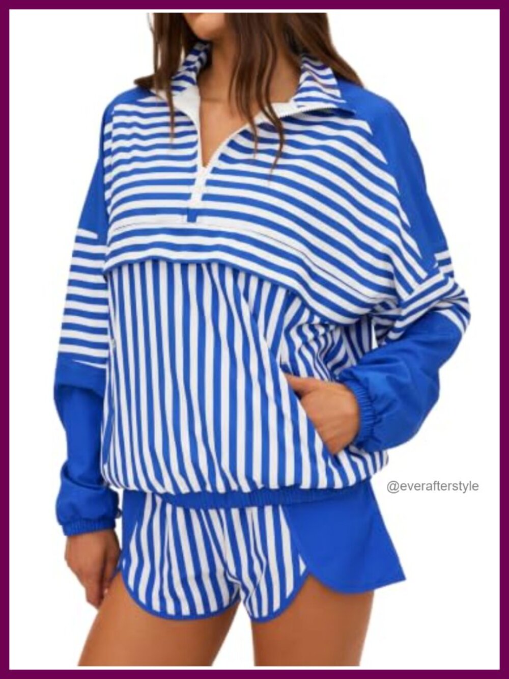 Fisoew Striped 2 Piece Workout Set Long Sleeve Zip Top & Athletic Shorts